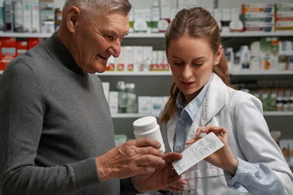 Das Bild zeigt einen älteren Mann, der in einer Apotheke zu Medikamenten beraten wird.