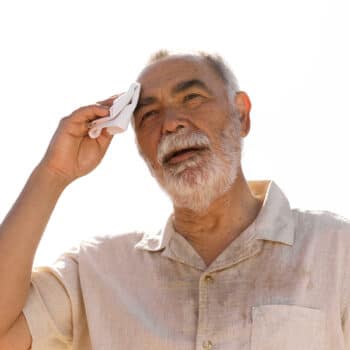 Das Bild zeigt einen älteren Mann, der mit hohen Temperaturen kämpft.